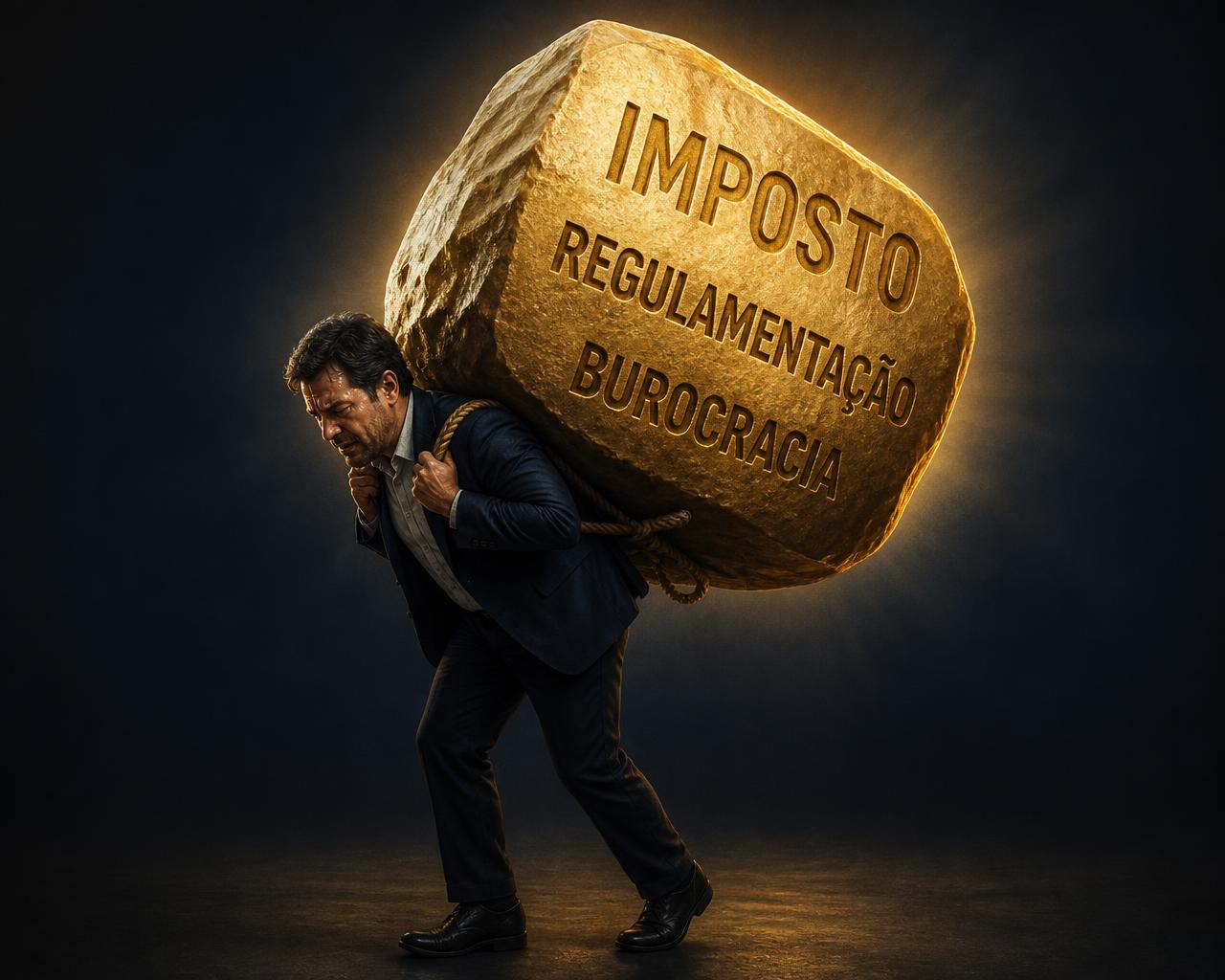 Empresário carregando o peso gigante do Estado: imposto, regulamentação e burocracia